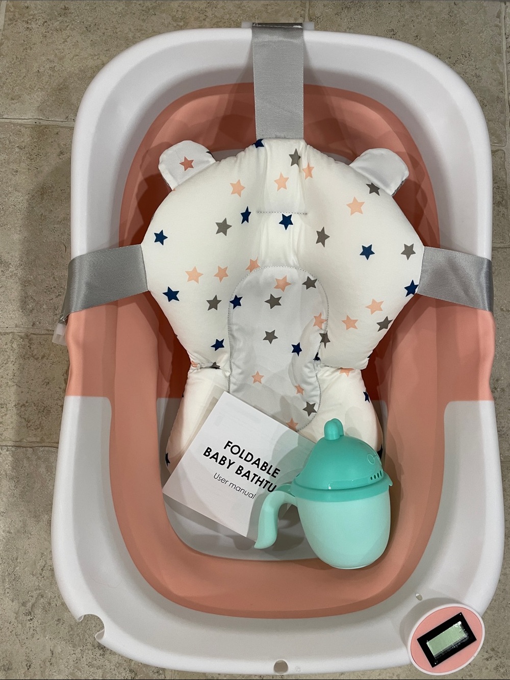 Foldable Baby Bathtub with Pink Accent and Star Cushioned Support